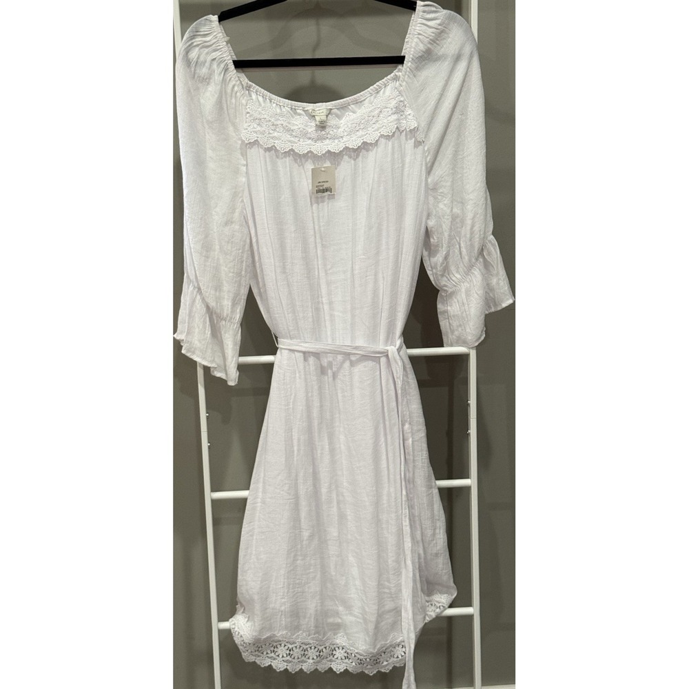 C EST. 1946 White Solid Lace Trim Belted Waist Cottagecore Dress 3/4 Sleeve Boho